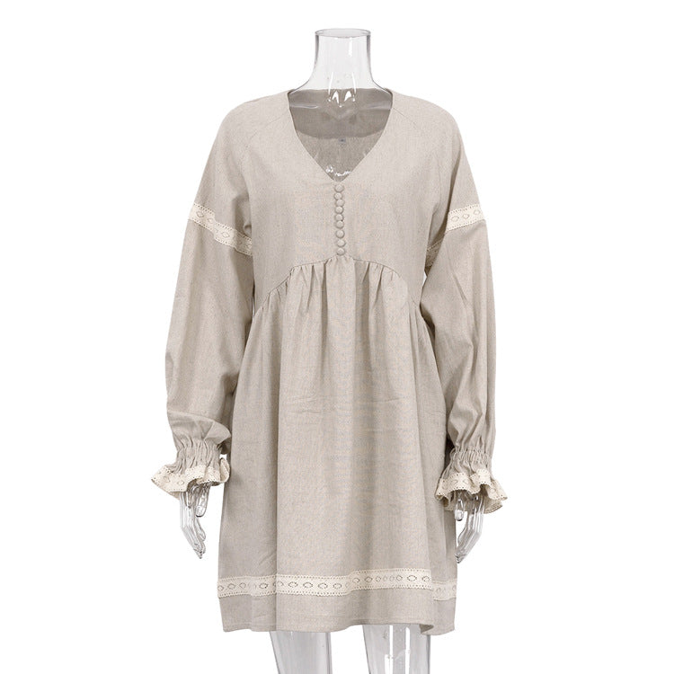 Cotton Linen V Neck Puff Sleeve A-Line Dress