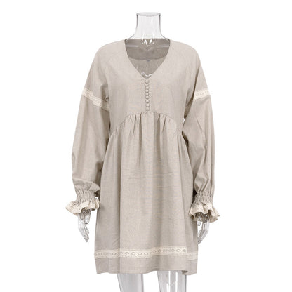 Cotton Linen V Neck Puff Sleeve A-Line Dress