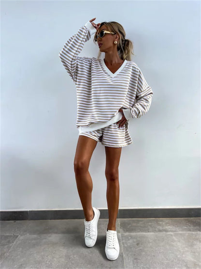 Striped V Neck Shorts Set Resort Lounge Two Piece