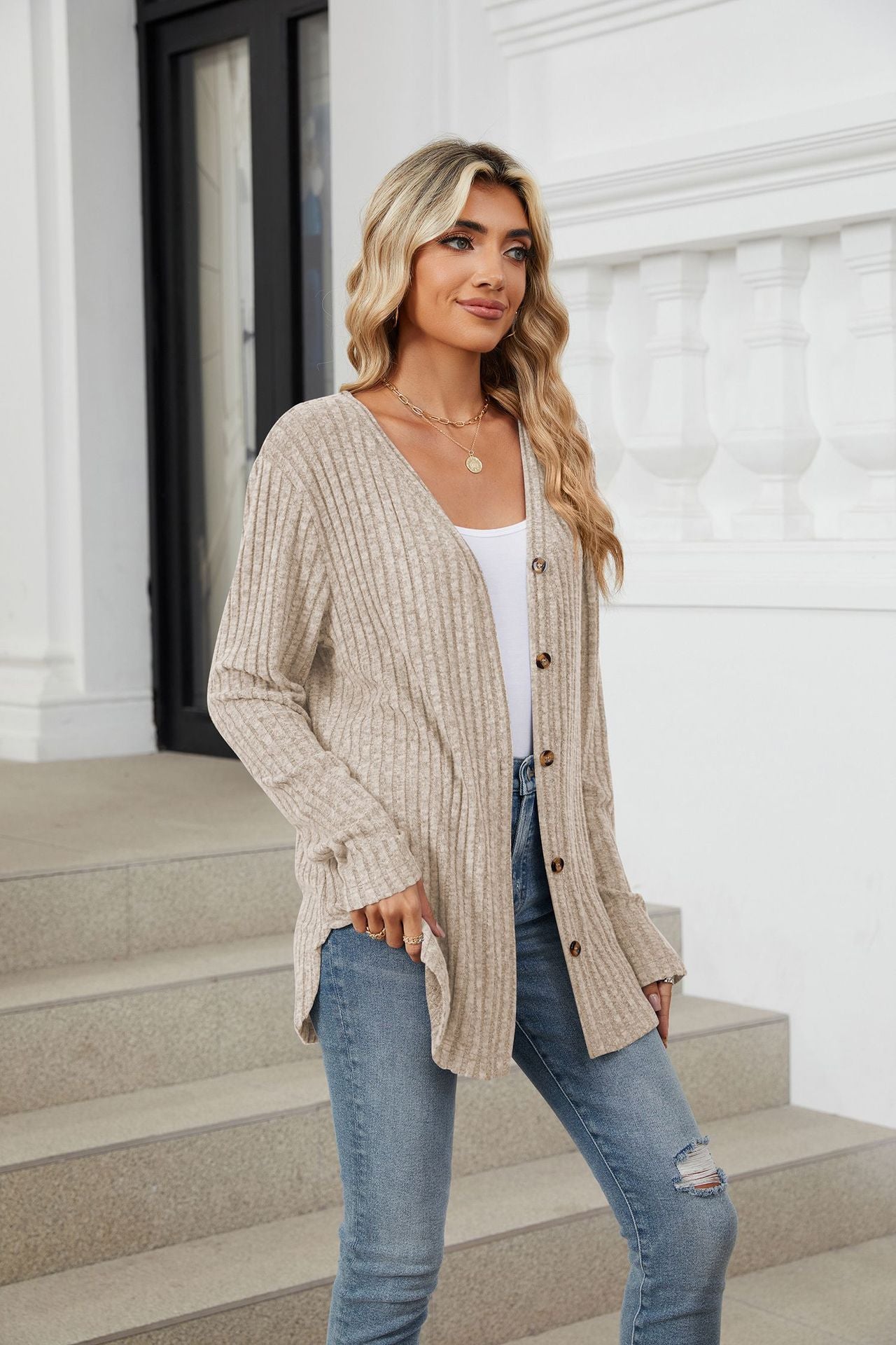 Soft Ribbed Knit Button Down Tie Front Cardigan Top