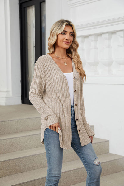 Soft Ribbed Knit Button Down Tie Front Cardigan Top