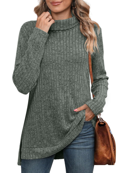 Women's Oversized Cowl Neck Long Sleeve Side Slit Tunic Top