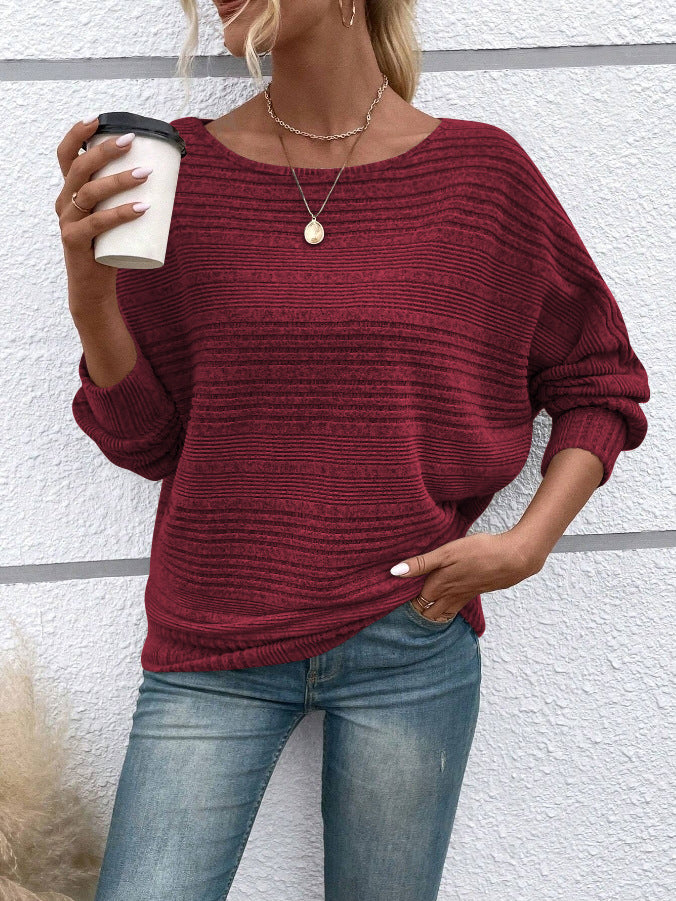 Ribbed Batwing Sleeve Sweater Top Women Casual Pullover
