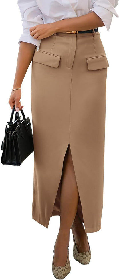 Elegant High Waist Midi Skirt with Front Slit