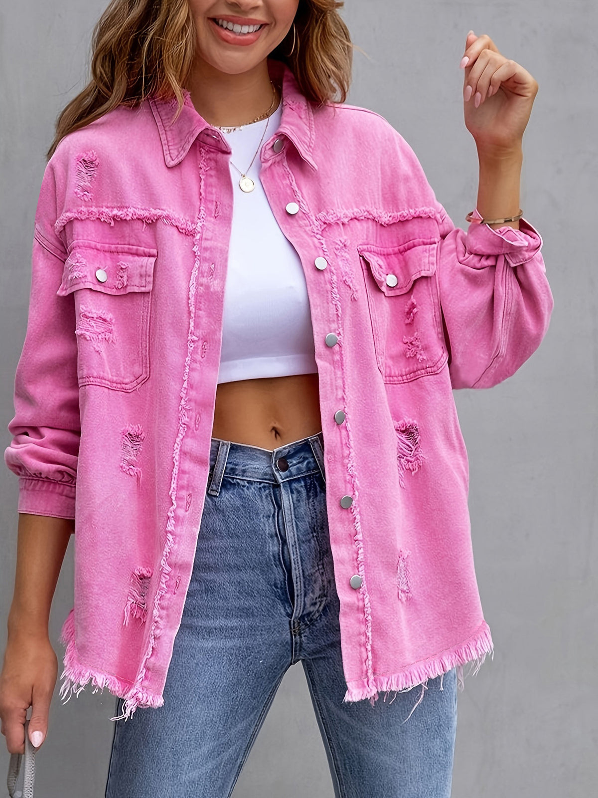 Women's Oversized Denim Jacket Distressed Frayed Hem