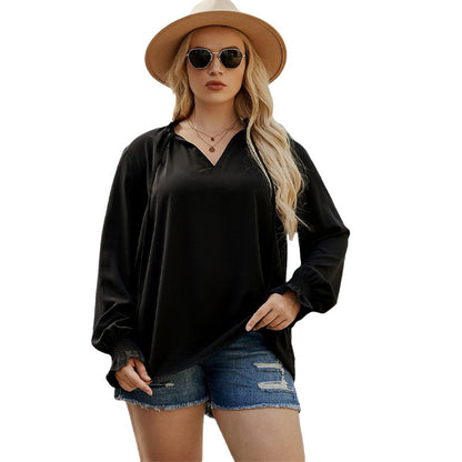 Spring and Summer New V-neck Lantern Sleeve Simple Loose Cover Tummy Blouse