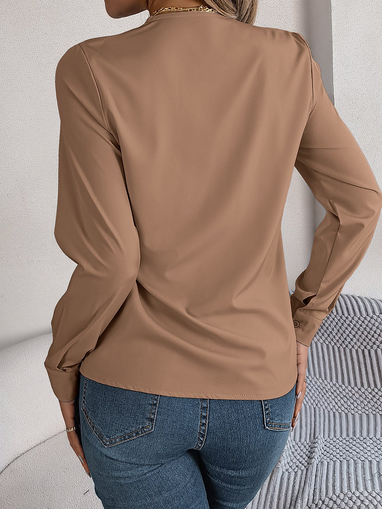 Elegant Layered V-Neck Long Sleeve Blouse – 2025 Fall/Winter