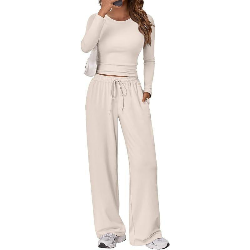 Women's Ruched Long Sleeve Top Wide Leg Pants Lounge Set