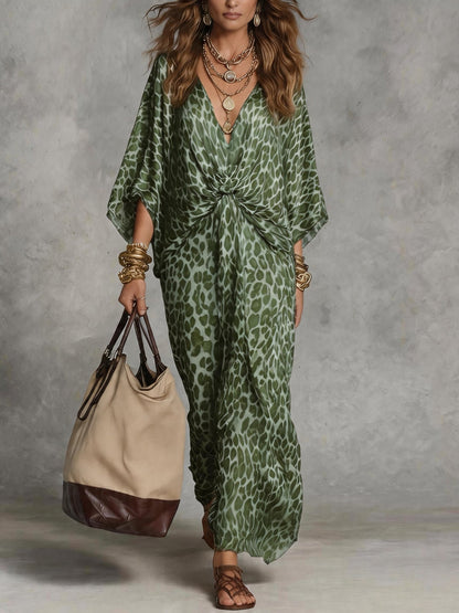 Leopard Print V-Neck Maxi Dress Batwing Sleeve Twist Front