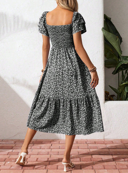 Floral Smocked Square Neck Midi Dress Ruffle Sleeve