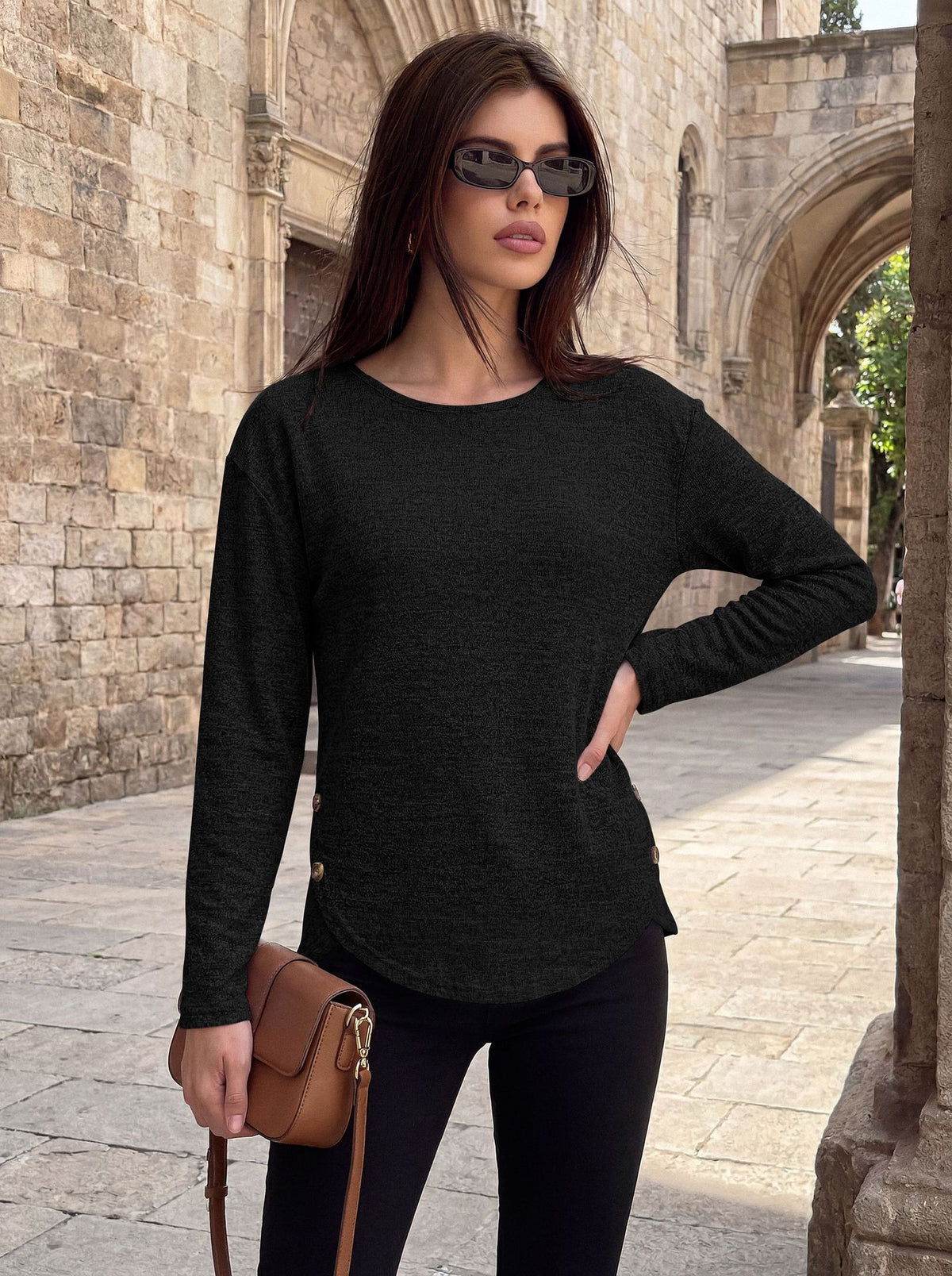 Women's Oversized Side Button Long Sleeve Tunic Top