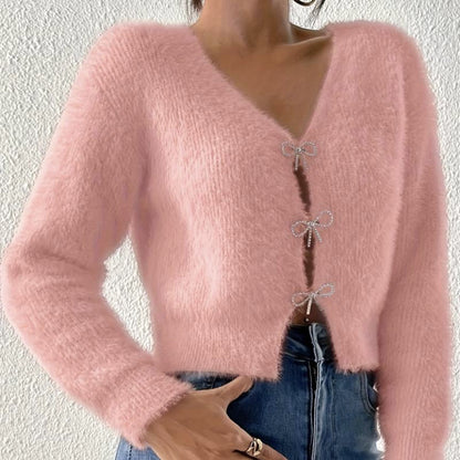 Women's Fuzzy Bow Button V-Neck Cardigan