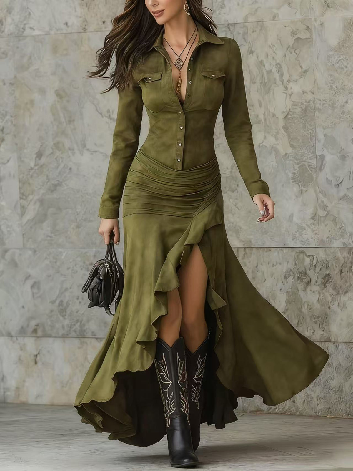 Bodycon Ruffle Maxi Dress Long Sleeve Slit