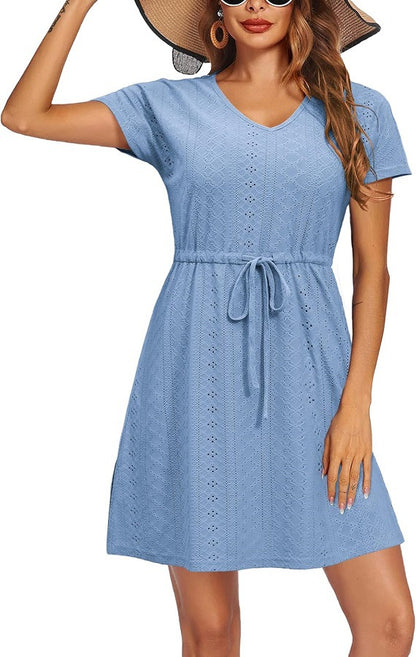 Short Sleeve A-Line Cover Up Dress with Hollow Detail