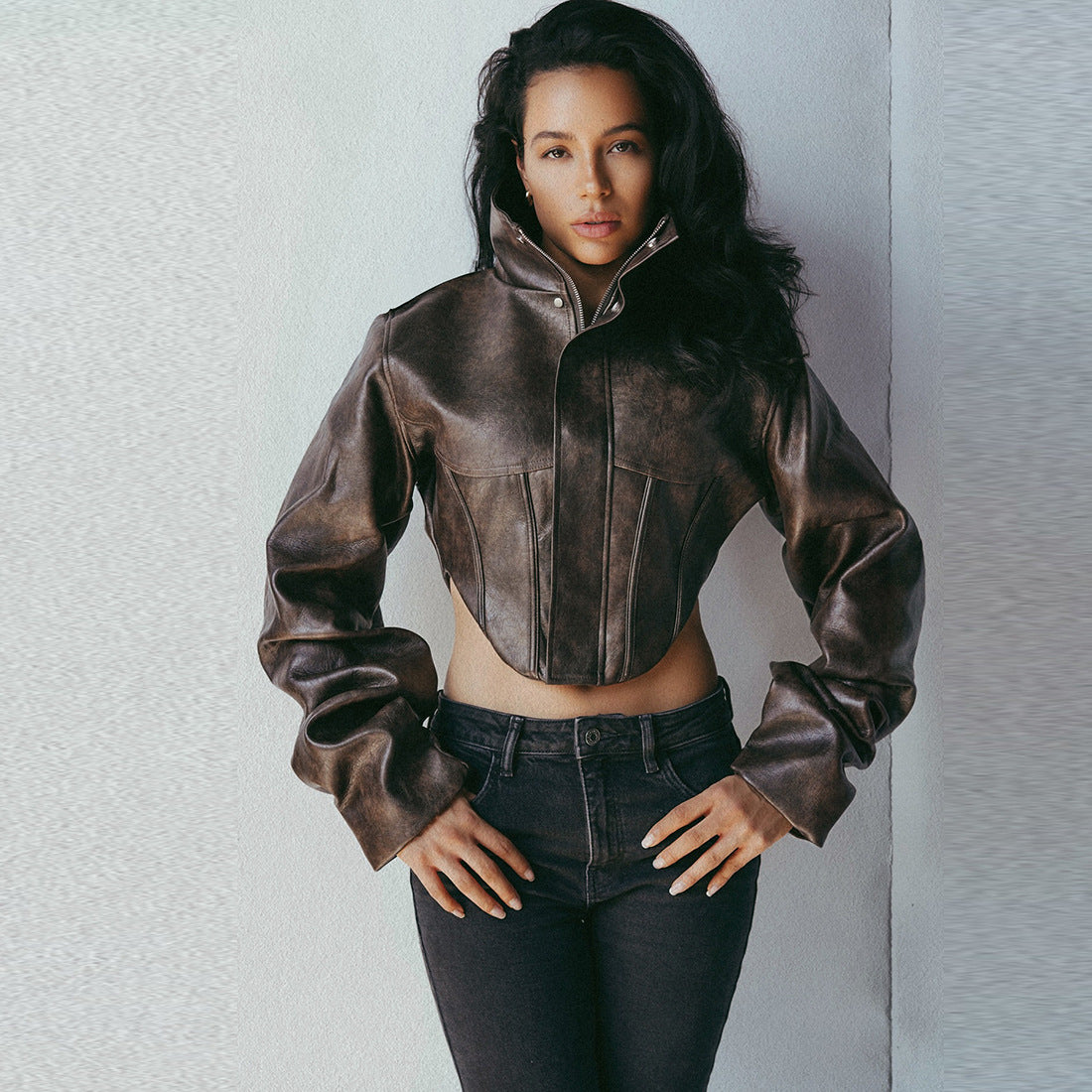 Womens Faux Leather Corset Jacket Cropped Moto Zip Up