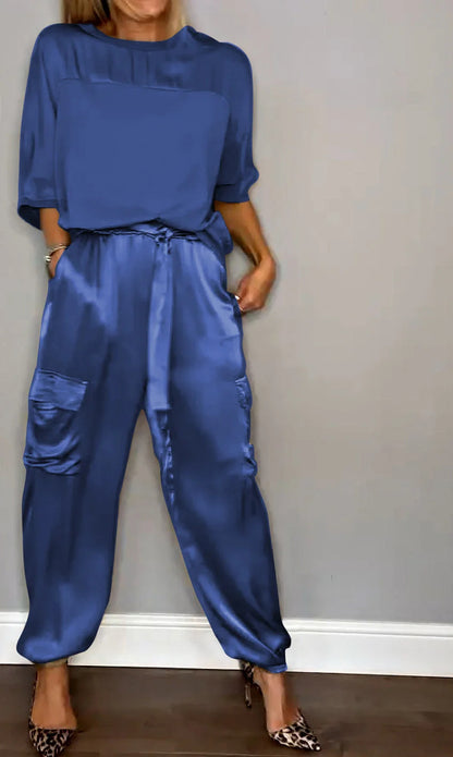Women's Satin Two-Piece Jogger Set Short Sleeve Pockets