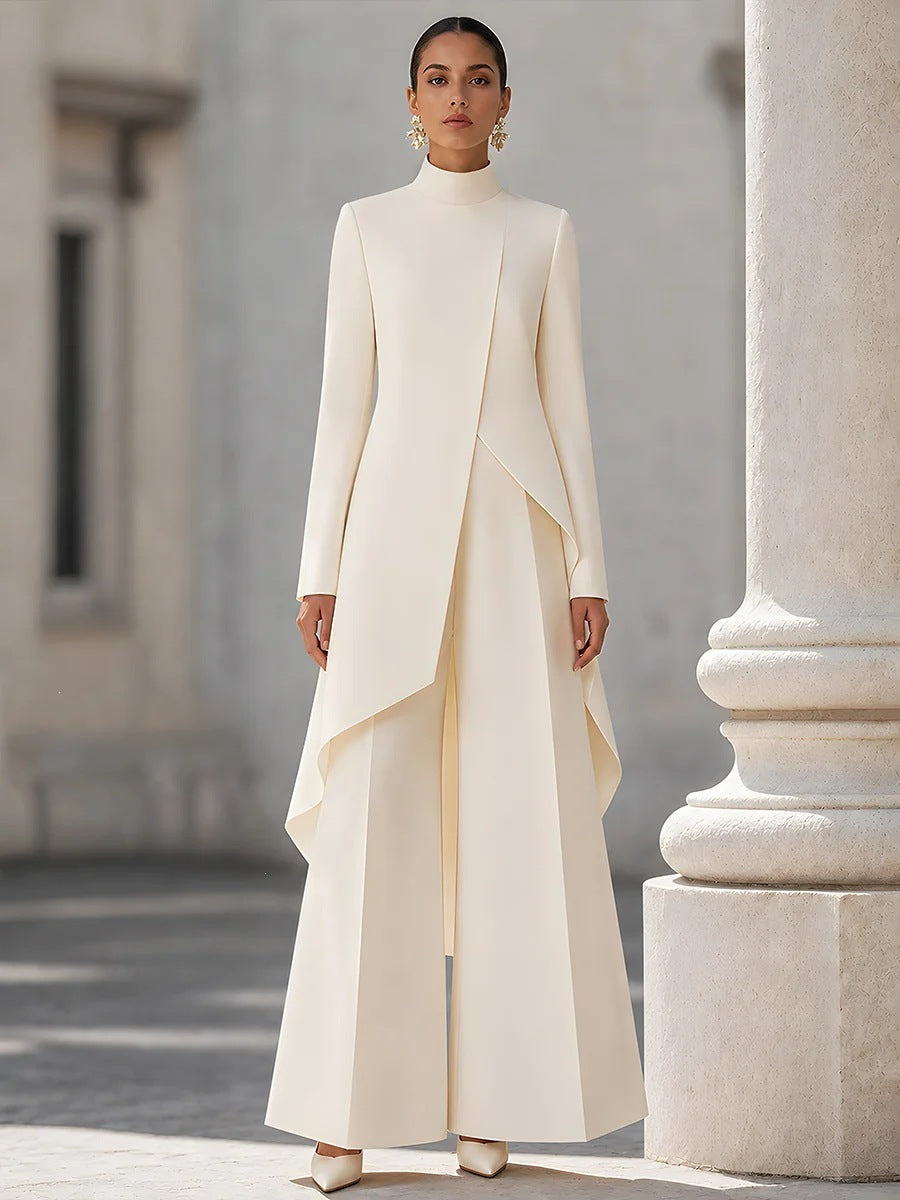 Women's Asymmetric Mock Neck Wide Leg Pants Two Piece Set