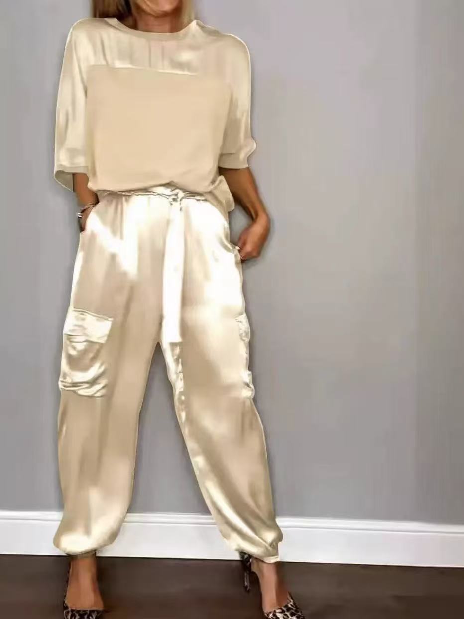 Women's Satin 2 Piece Set Half Sleeve Top Cargo Pants