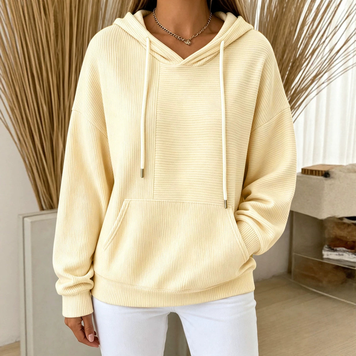 Women's Oversized Ribbed Hoodie Long Sleeve Pullover Top