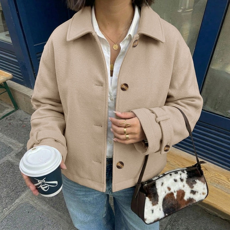Textured Cropped Coat Lapel Button Front Jacket