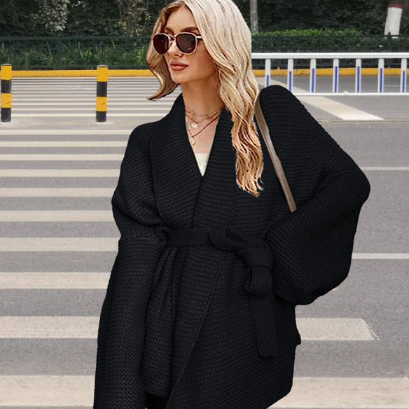Women's Oversized Belted Cardigan Open Front Sweater