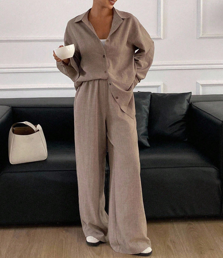 Linen Blend Button Down Shirt Wide Leg Pants Matching Set