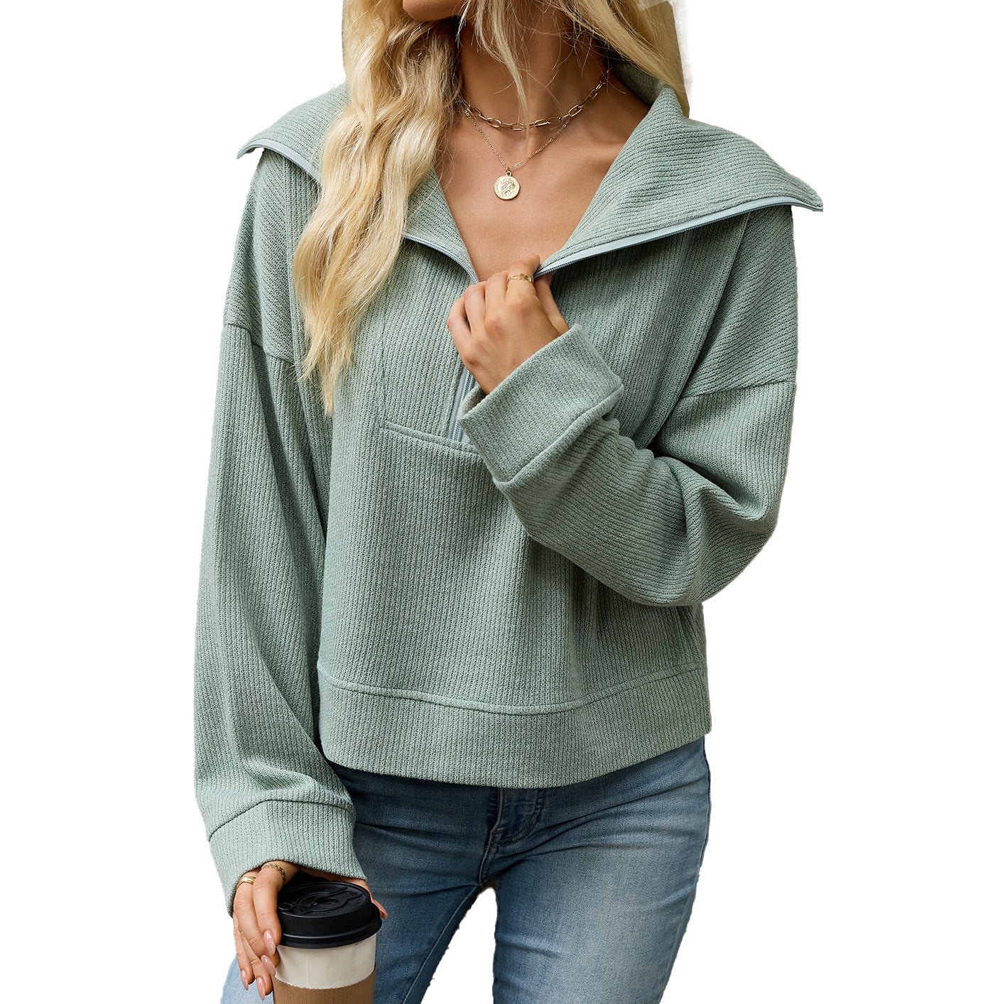 Women's Waffle Knit Half Zip Collared Oversized Sweatshirt