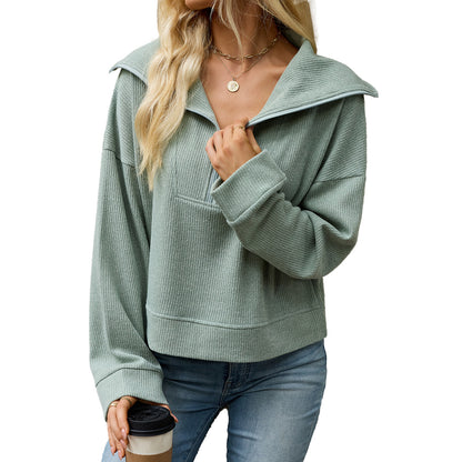 Women's Waffle Knit Half Zip Collared Oversized Sweatshirt