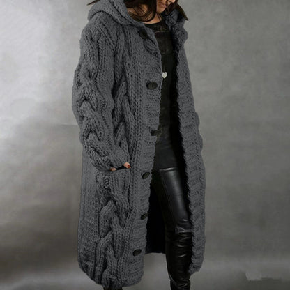 Women's Chunky Cable Knit Hooded Long Cardigan Plus Size