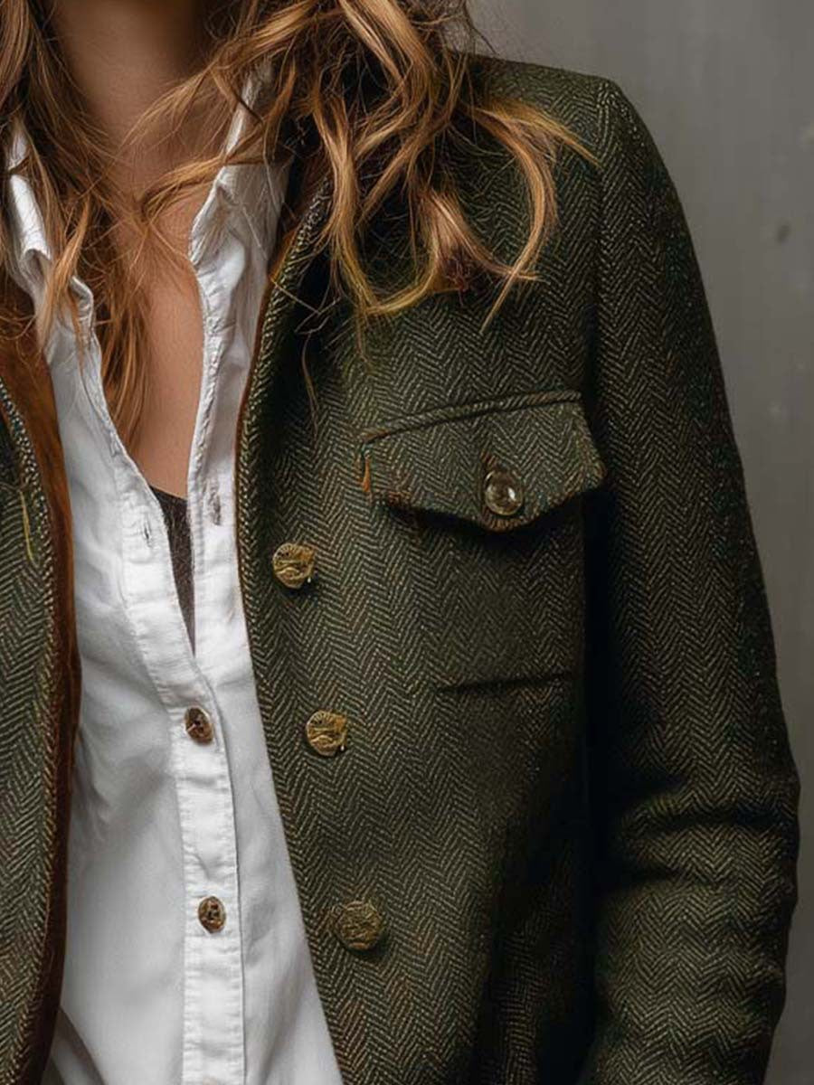 Women Herringbone Tweed Blazer Velvet Trim Vintage Jacket