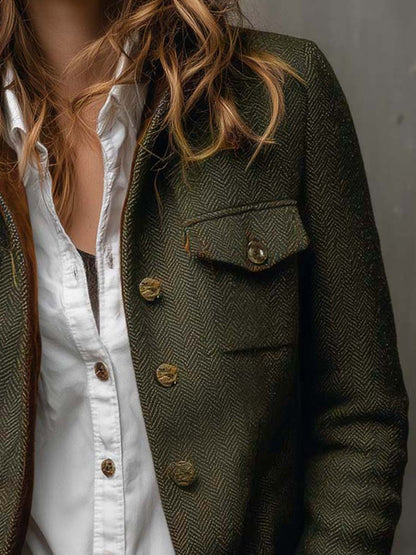Women Herringbone Tweed Blazer Velvet Trim Vintage Jacket