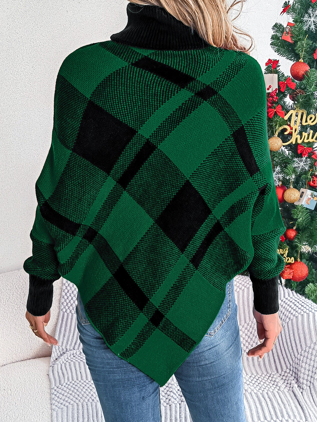 Women's Casual Plaid Turtleneck Long-sleeved Cape Sweater Christmas