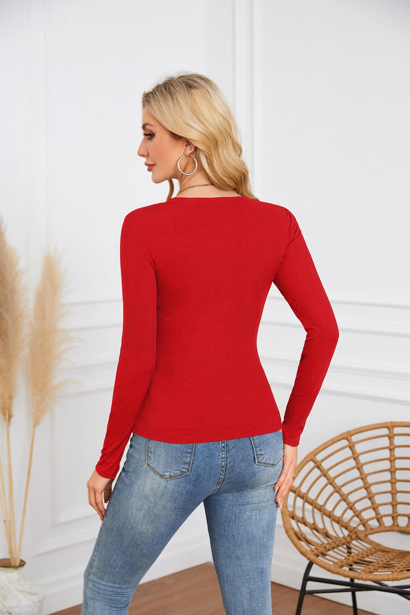 Ribbed Deep V Neck Slim Fit Long Sleeve Tee
