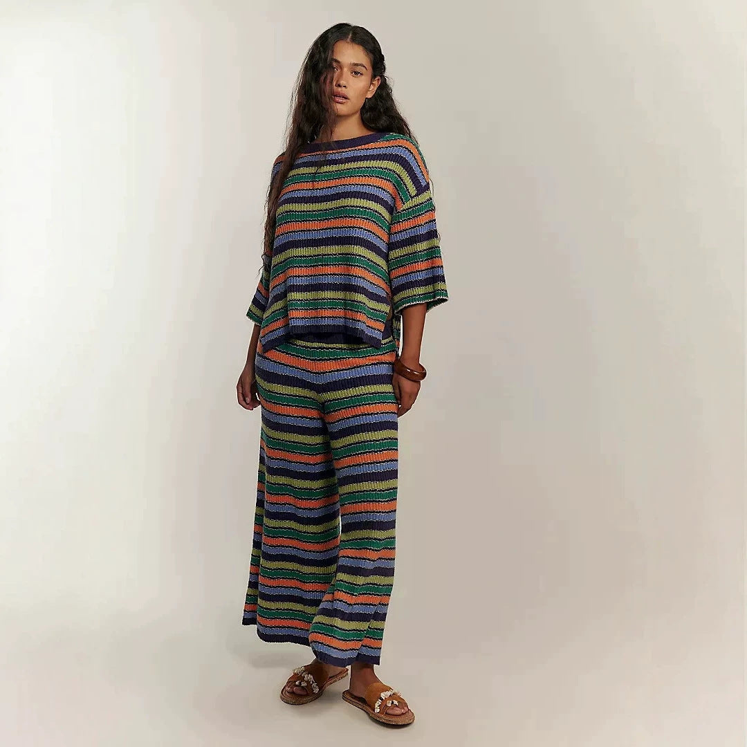 Boho Striped Knit Two Piece Set Wide Leg Pants