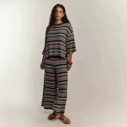 Boho Striped Knit Two Piece Set Wide Leg Pants