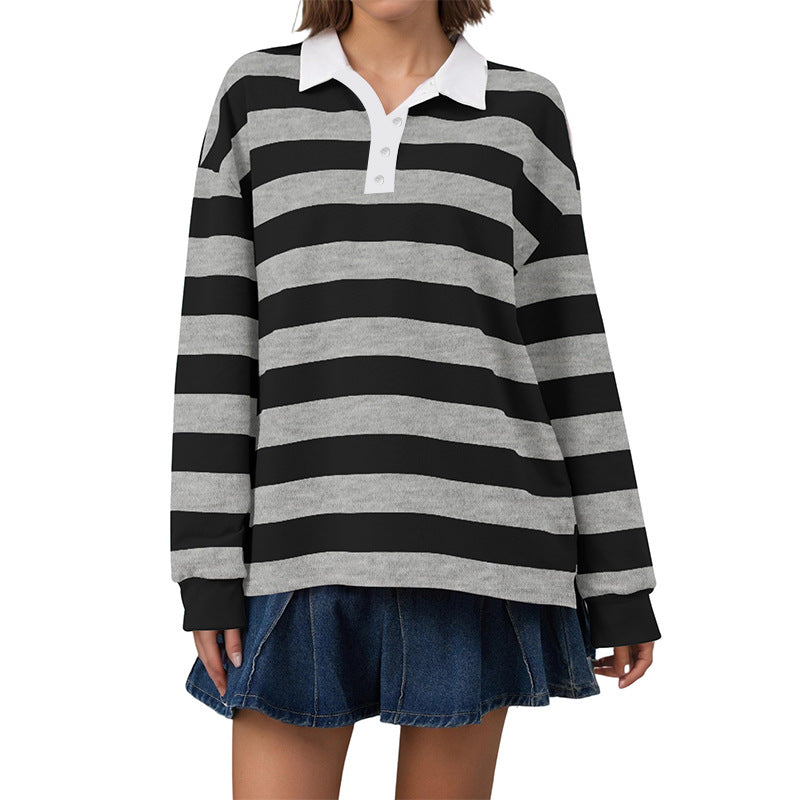 Women's Oversized Striped Polo Shirt Long Sleeve