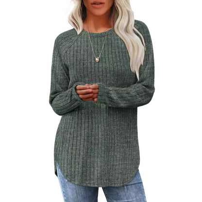 Women's Brushed Rib Long Sleeve Crew Neck Curved Hem Top