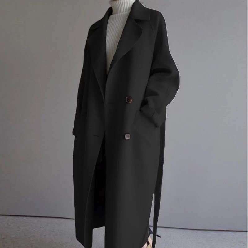 Women's Long Wool Coat Belted Double Breasted Trench