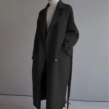 Women's Long Wool Coat Belted Double Breasted Trench