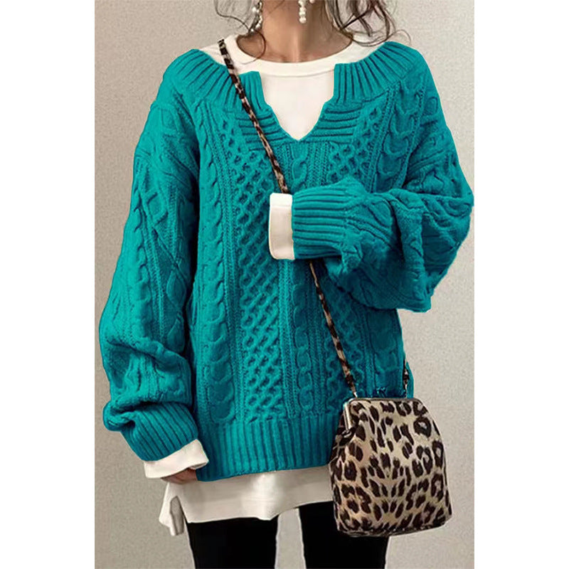 Women's Oversized Cable Knit V-Neck Pullover Sweater