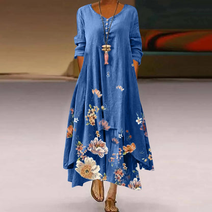 Women's Boho Floral Long Sleeve Asymmetrical Maxi Dress