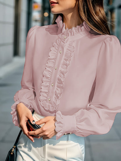Women's Ruffled Puff Sleeve Button Up Blouse