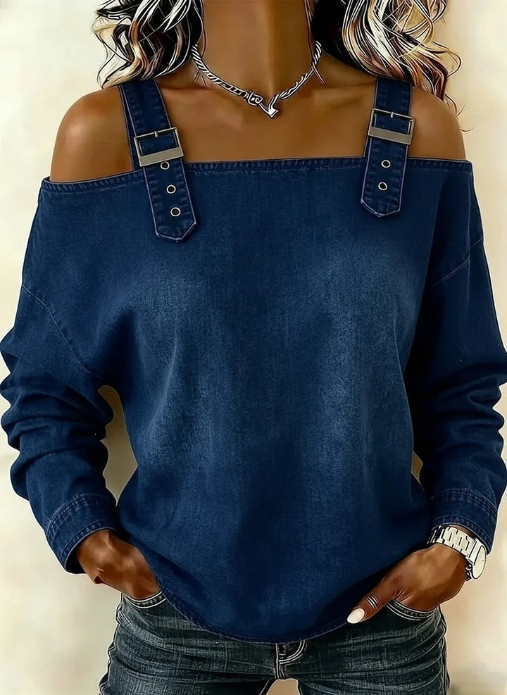 Women's Off Shoulder Denim Buckle Strap Long Sleeve Top