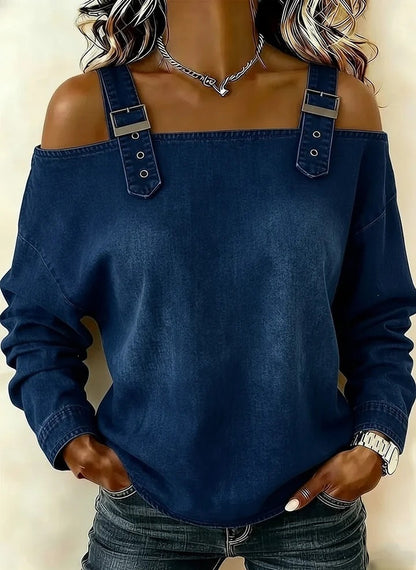 Women's Off Shoulder Denim Buckle Strap Long Sleeve Top