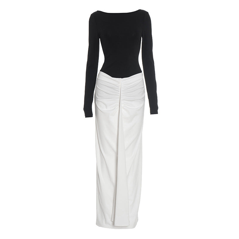 Two Tone Boat Neck Backless Ruched Long Sleeve Maxi Dress