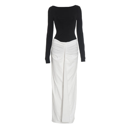 Two Tone Boat Neck Backless Ruched Long Sleeve Maxi Dress