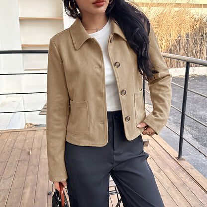 Faux Suede Cropped Jacket Button Front Patch Pockets