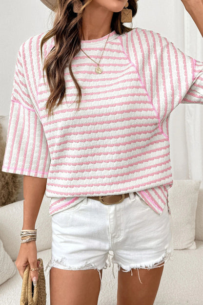 Striped Cotton Blend Tee Casual Half Sleeve Top