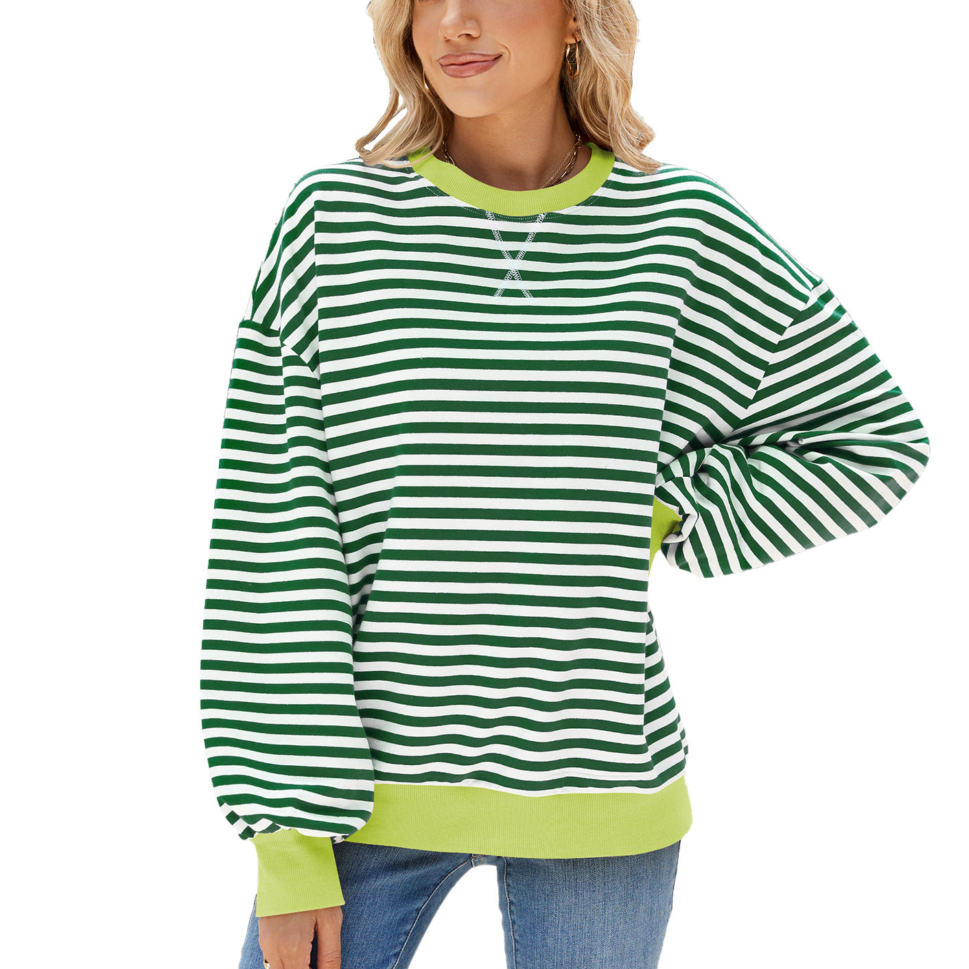 Striped Color Block Crew Neck Loose Fit Long Sleeve Sweatshirt