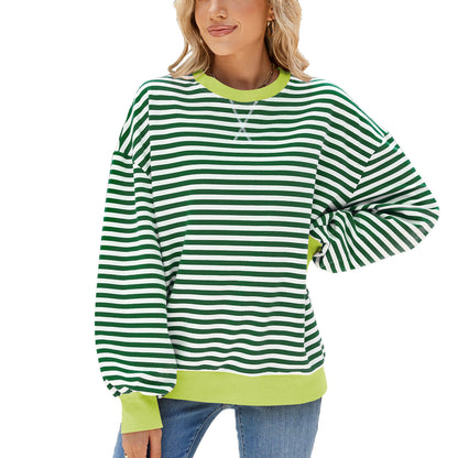 Striped Color Block Crew Neck Loose Fit Long Sleeve Sweatshirt